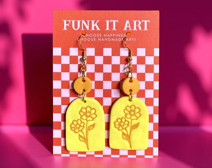 Featured listing image: Yellow and Mustard Arch Dangle Floral Earrings | Funk It Art l Retro Festival Jewelry l Flowers l Garden Earrings l Light Orange