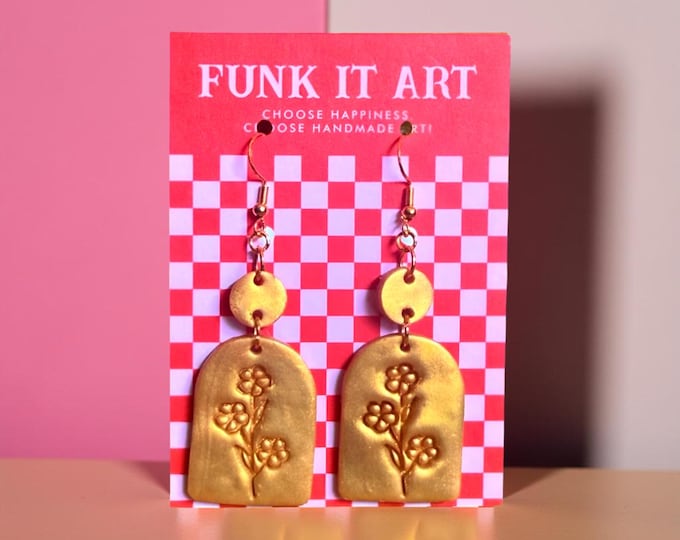 Featured listing image: Gold Arch Dangle Floral Earrings | Funk It Art l Retro Festival Jewelry l Flowers l Garden Earrings
