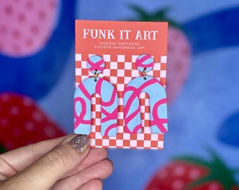 Handmade Polymer Clay Arch Earrings | Pink & Blue Retro Swirl Dangles | Funky Statement Earrings | One of a Kind Lightweight Jewelry