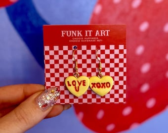 Sweetheart Candy Earrings – “XOXO” and “Love U” Polymer Clay Statement Jewelry