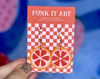 Handmade Polymer Clay Grapefruit Slice Earrings | Funky Fruit Jewelry | Citrus Dangle Earrings | Lightweight Statement Earrings