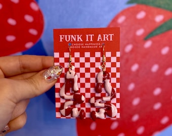 Handmade Polymer Clay Funky Pink and Red Dangly Earrings
