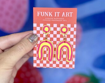 Neon Arch Earrings | Hot Pink + Yellow Polymer Clay Statement Earrings | Handmade Funky Retro Jewelry | FUNK IT ART