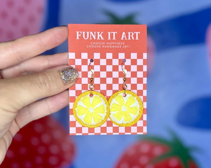 Featured listing image: Handmade Polymer Clay Lemon Slice Earrings | Citrus Statement Earrings | Funky Summer Jewelry | Lightweight Clay Dangles