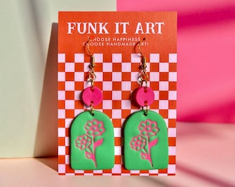 Green and Pink Floral Arch Dangle Earrings | Funk It Art l Retro Festival Jewelry l Flowers l Garden Earrings