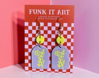 Lavender and Neon Yellow Floral Arch Dangle Earrings | Funk It Art l Retro Festival Jewelry l Flowers l Light Purple l Garden Earrings