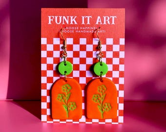 Orange and Neon Green Floral Arch Dangle Earrings | Funk It Art l Retro Festival Jewelry l Flowers l Garden Earrings