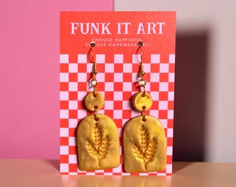 Gold Arch Dangle Botanical Earrings | Funk It Art l Retro Festival Jewelry l Flowers l Garden Earrings