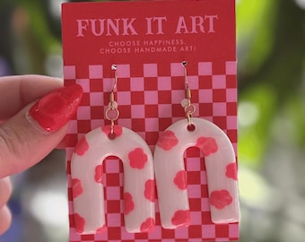 Funky Handmade Polymer Clay Earrings – Retro Arches with Pink Floral Accents