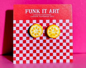 Lemon Slice Stud Earrings – Handmade Polymer Clay Citrus Jewelry
