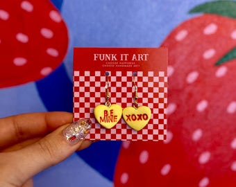 Sweetheart Candy Earrings – “XOXO” and “Be Mine” Polymer Clay Statement Jewelry