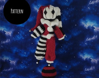 Dark Jester Crochet Pattern, PATTERN ONLY, creepy clown doll, harlequin doll, creepy jester doll, 10-inch amigurumi pattern