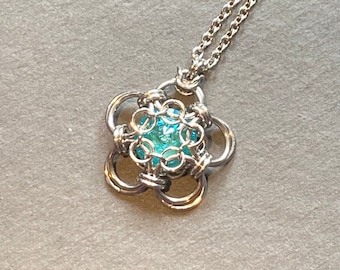 Ocean Blue Swarovski Crystal Necklace, Stainless Steel Chainmaille Pendant