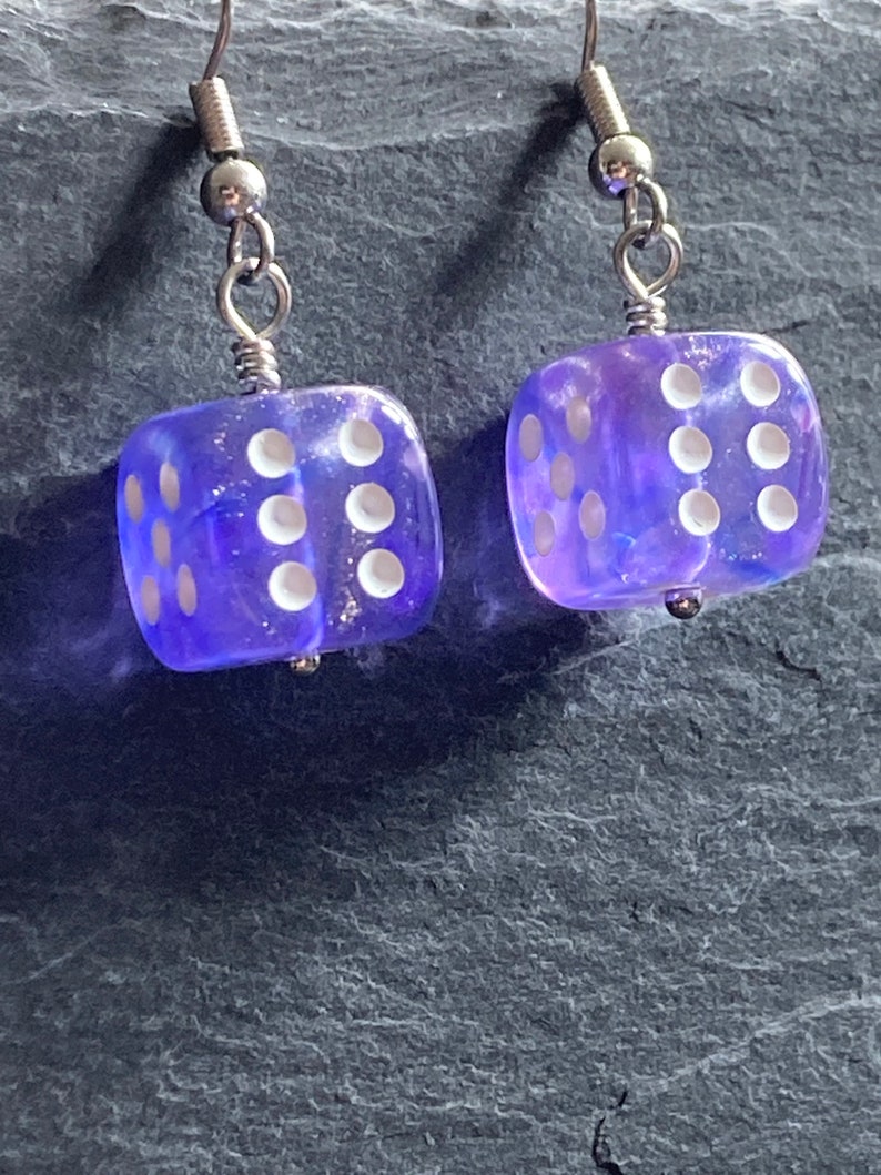 Purple dice earrings DnD gifts for her, geek earrings, gamer girl gifts, nickel free earrings hypoallergenic earrings dangle, cute earrings image 5