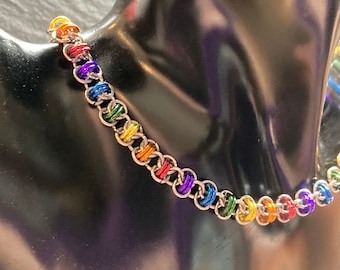 May include: A rainbow colored chain necklace made of small metal rings. The chain is silver and the rings are colored in the order of the rainbow.