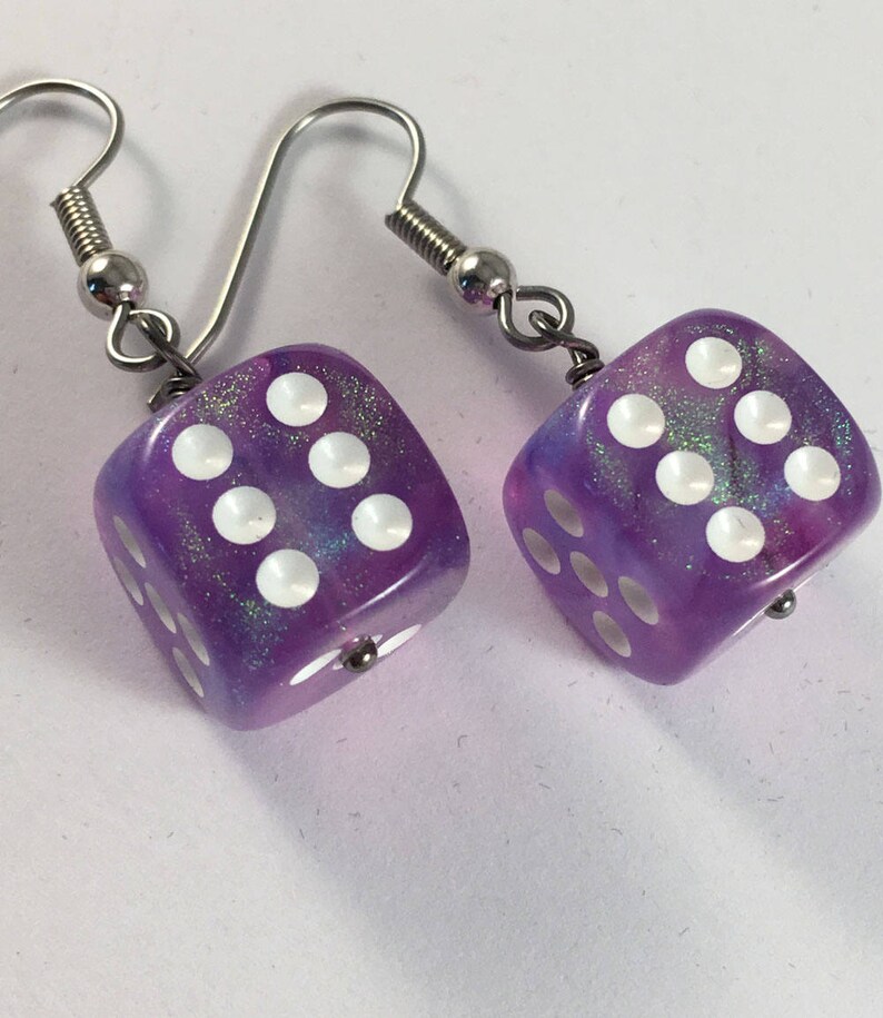 Purple dice earrings DnD gifts for her, geek earrings, gamer girl gifts, nickel free earrings hypoallergenic earrings dangle, cute earrings image 7