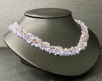 Beaded chainmaille necklace - Purple lined crystal - Statement necklace