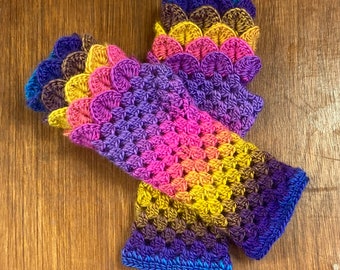 Fingerless dragon scale gloves in bright Festival, crochet mermaid wrist warmers, unique Christmas present