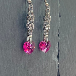 Pink Crystal heart earrings, byzantine chainmaille earrings with Swarovski crystals, Swarovski earrings