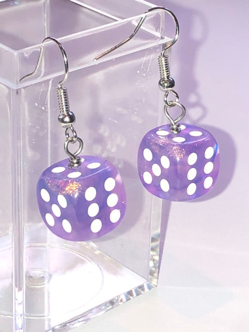 Purple dice earrings DnD gifts for her, geek earrings, gamer girl gifts, nickel free earrings hypoallergenic earrings dangle, cute earrings image 6