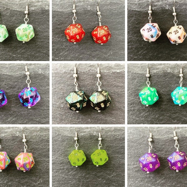 Mini D20 earrings, sparkly dangly dice earrings for gamer girls, surgical steel ear wires, DnD jewellery, geeky stocking stuffers