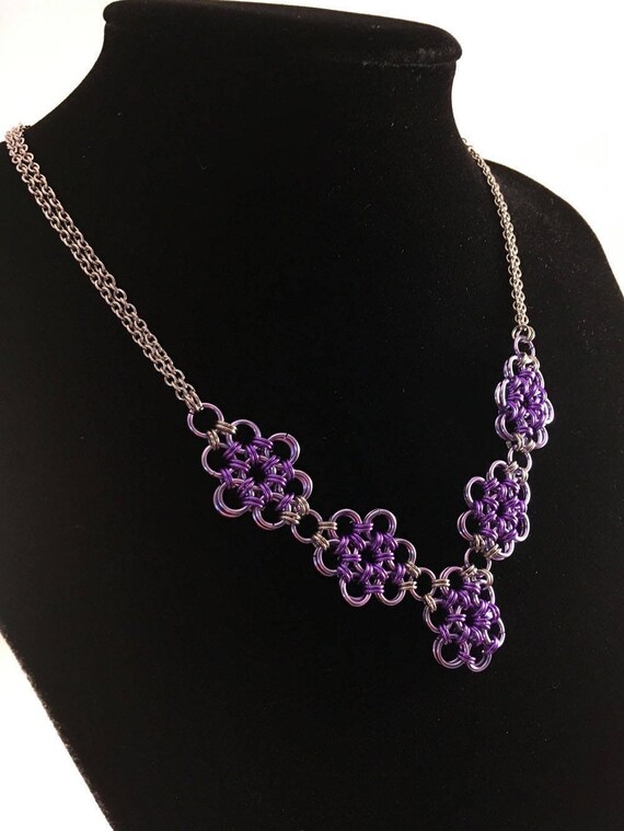 Japanese 12 in 2 flower necklace Purple chainmaille necklace | Etsy