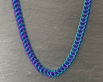 Purple & Teal Half Persian Chainmaille Necklace, Hypoallergenic Chainmail Jewellery