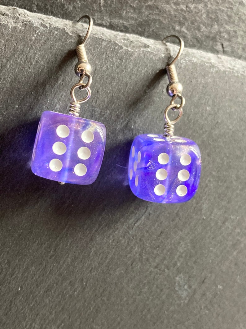 Purple dice earrings DnD gifts for her, geek earrings, gamer girl gifts, nickel free earrings hypoallergenic earrings dangle, cute earrings image 4