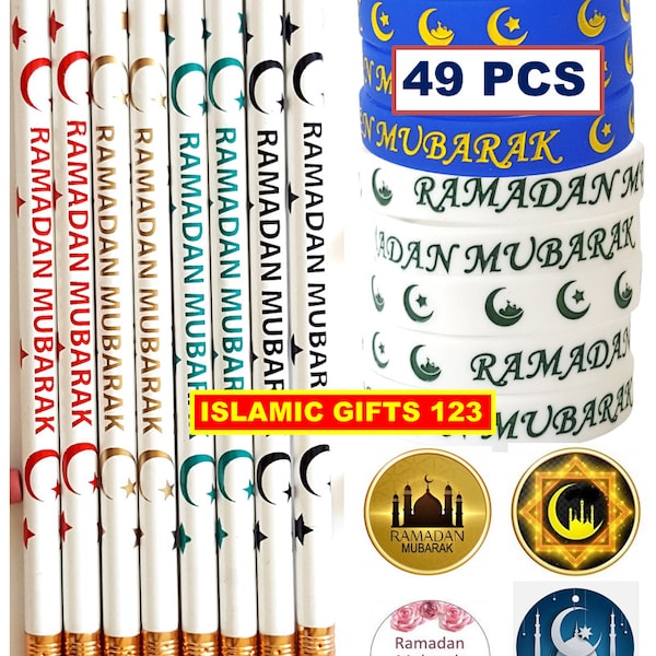 Ramadan Mubarak Pencils + Wristbands Favors 48 Pcs+200 Stickers Ramadan Mubarak Gifts Arabic Moroccan Islamic Gifts  Quran Ramadan Eid Decor