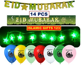 Eid Decoration (14 Pcs) Lights+Eid Balloons+Eid Banners Eid party supply Islamic Gifts Islamic Hilal Ramadan Decoration Eid gifts Eid Favors