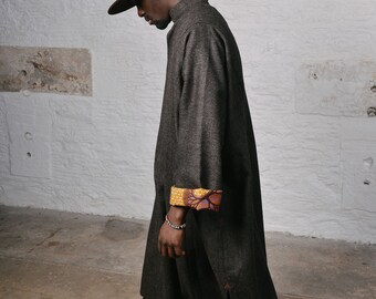 Battuta djellaba - tweed robe, fully lined with Dutch wax, deep pockets and denim collar