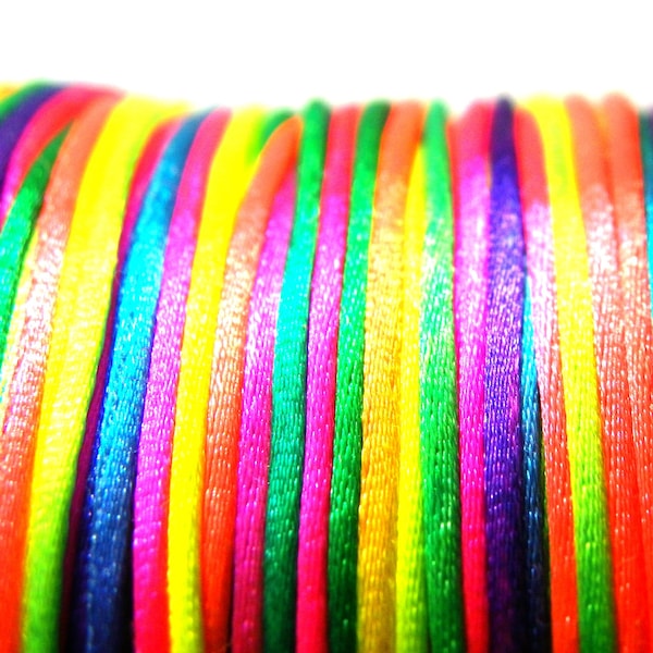 Cordon en nylon satiné arc-en-ciel néon 1 mm, cordon pour bijoux arc-en-ciel, cordon en macramé arc-en-ciel, ficelle en nylon