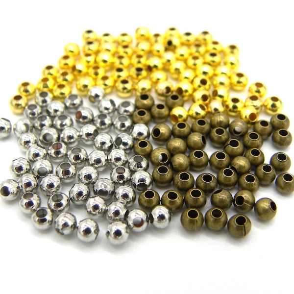 Petites perles rondes d’espacement en métal sans couture de 3 mm - Perles de remplissage - Fourmi. Bronze, Or, Argent - 10 g (environ 285 perles)