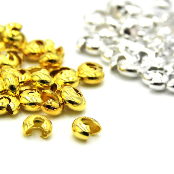 Cache-perles à écraser ou cache-nœuds 3 mm - Plaqué or ou argent (10 pièces ou 50 pièces)