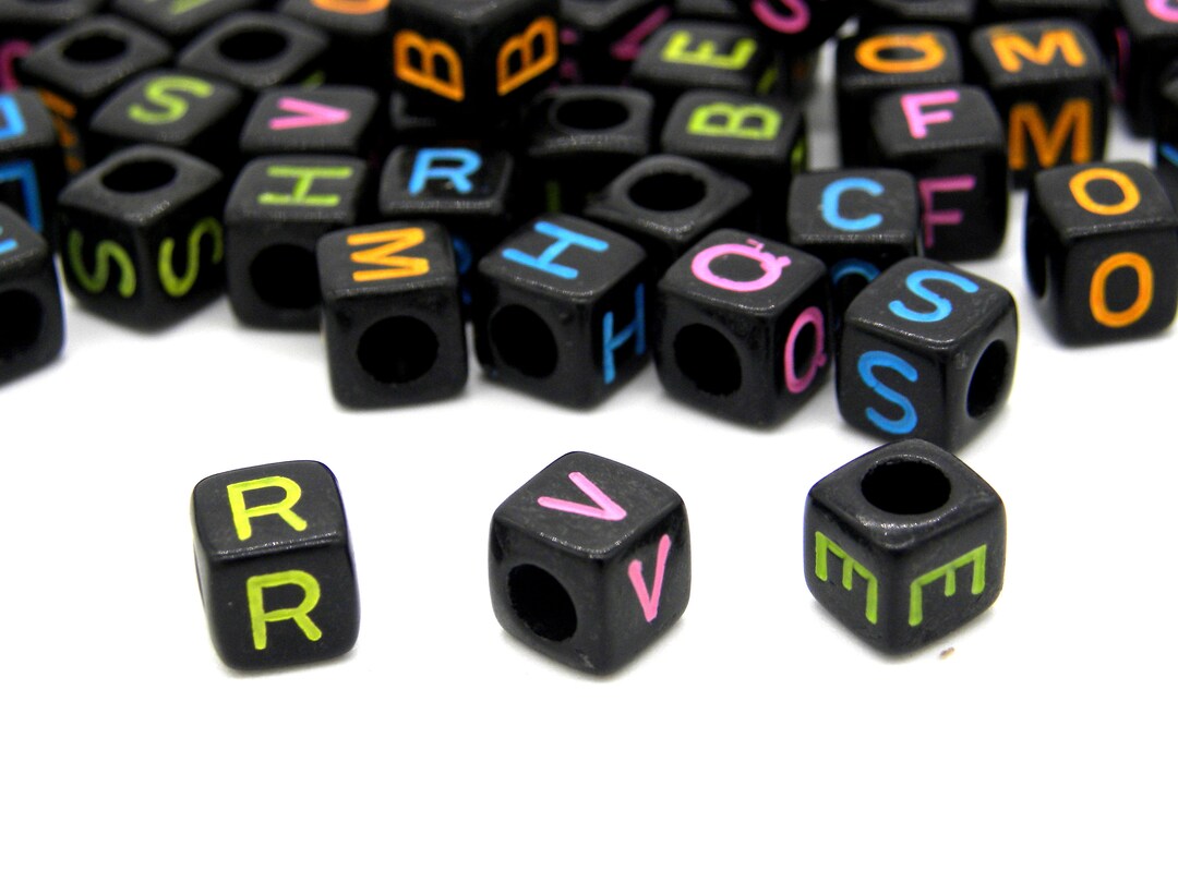 Perles Acryliques Cubes Lettres/alphabets - 6mm - Multicolores - Pour Création De Bijoux