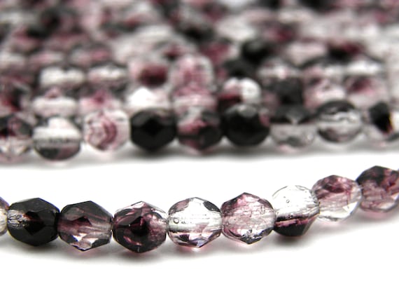 50 Firepolish Czech Glass Round Faceted Round Beads Hematite 4mm 