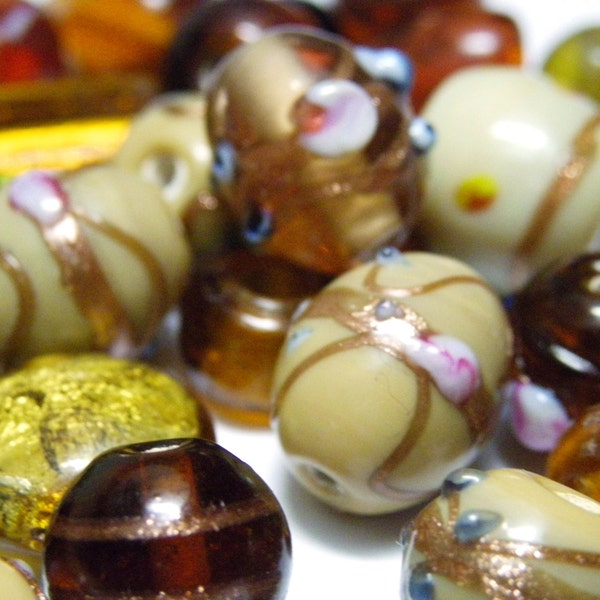 45 g (1.6 oz) Lampwork Beads - Mixed Shape and Sizes - Brown (approx. 25 beads)