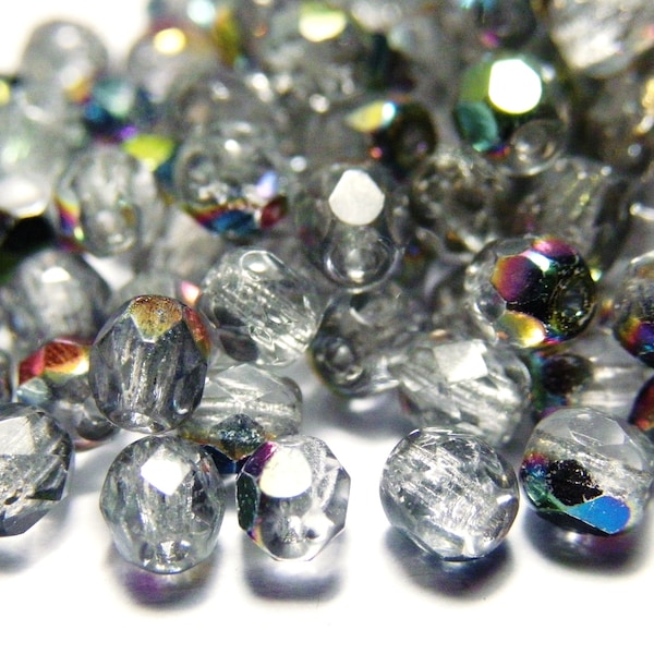 4 mm Round Faceted Fire-polished Czech Glass Beads - Crystal Vitrail (30 or 100 beads)