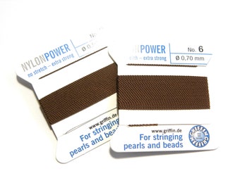 Griffin NylonPower Bead String - Pearl Knotting Cord with Needle - BROWN (2 m/6.6 Ft)