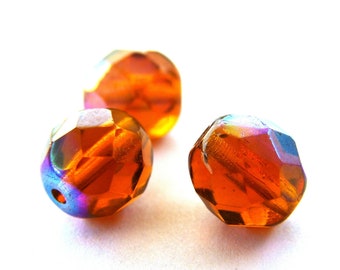 8 mm (0.3 inch) Round Faceted Fire-polished Czech Glass Beads - Dark Topaz AB