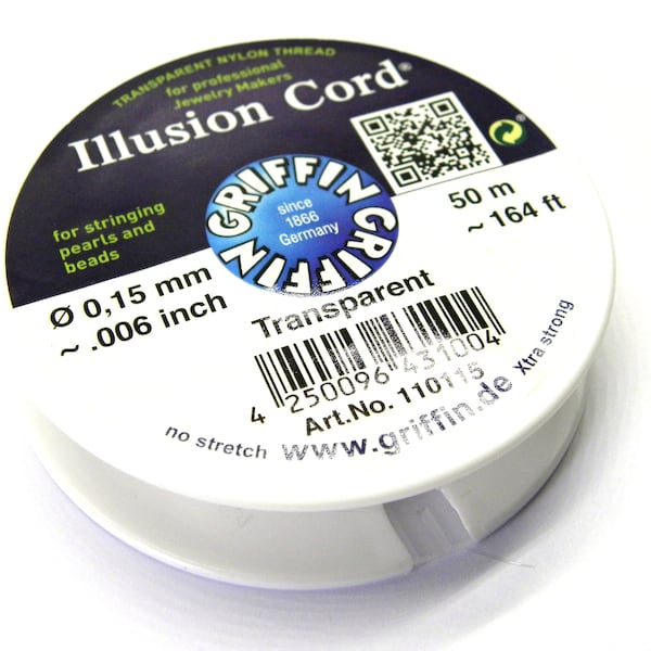 Fil pour cordon Griffin Illusion 0,15 mm (0,006 pouce) - Fil en nylon extra-fin transparent pour la fabrication de bijoux - 50 m (164 ft)