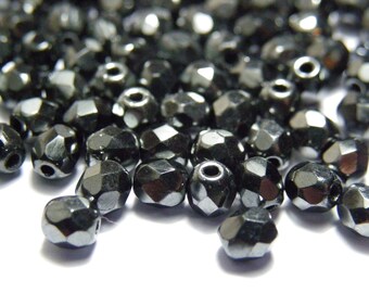 4 mm Round Faceted Fire-polished Czech Glass Beads - Hematite (30 or 100 beads)