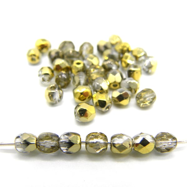 4 mm (0.16 Inch) Round Faceted Fire-polished Czech Glass Beads - Crystal Gold - 90 Beads