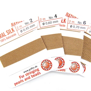 2 m (6.6 Ft/2.15 Yd) Griffin Natural Silk Bead Cord - Pearl Knotting Cord with Needle - BEIGE (All Sizes)