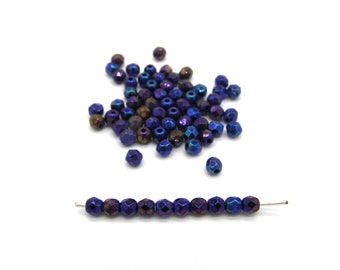 3 mm (0.12 Inch) Round Faceted Fire-polished Czech Glass Beads - Jet Blue Iris (80 Beads)