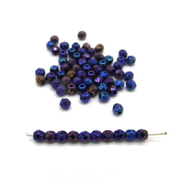 3 mm (0.12 Inch) Round Faceted Fire-polished Czech Glass Beads - Jet Blue Iris (80 Beads)