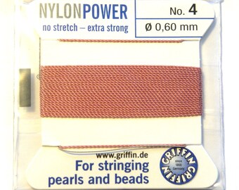 Griffin NylonPower Bead String - Cordon de nouage de perles avec aiguille - ROSE FONCÉ (2 m/6,6 pieds)