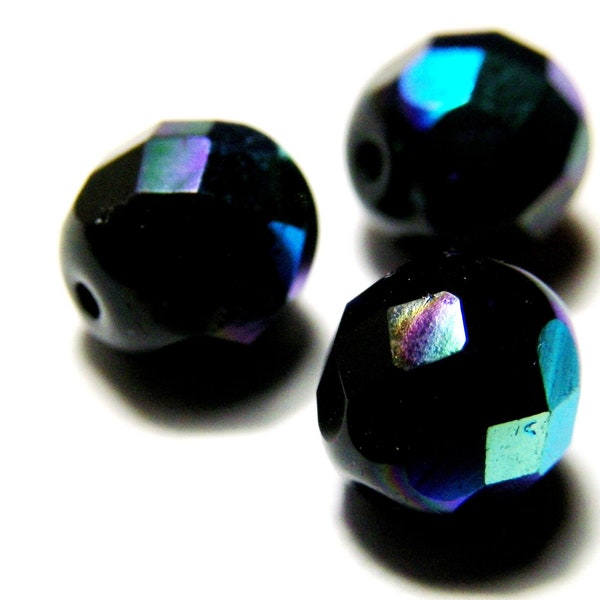 Perles en verre tchèque rondes facettées polies au feu de 8 mm (0,3 pouce) (15 ou 50 perles) - Noir de jais AB