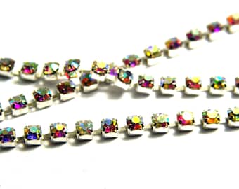 2 mm Rhinestone Brass Cup Chain- Silver/Crystal AB - 1 m