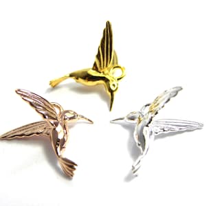 15 mm 3D Solid Sterling Silver Hummingbird Pendant, 925 Sterling Silver Humming Bird Charm - Various Colours - 1 or 10 Pc.
